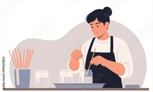 Woman Making Handmade Candles in Glass Jars on Work Table