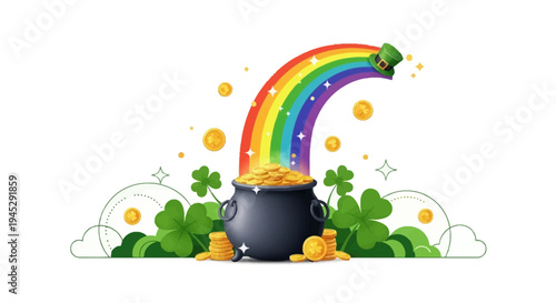 Colorful Saint Patrick's Day illustration of a rainbow emerging from a black pot filled with gold coins, surrounded by lush green clover leaves and sparkling stars on a white background