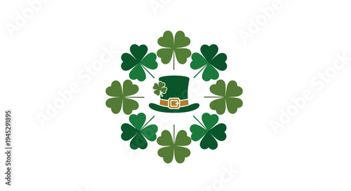 Saint Patrick's Day vector illustration of a green top hat surrounded by lush green clovers and a pot of gold on a white background with a festive design