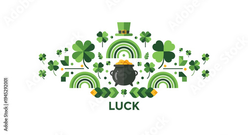 Saint Patrick's Day vector illustration featuring a pot of gold, shamrocks, rainbows, and a top hat, symbolizing good luck and Irish heritage in a vibrant green color scheme