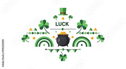 A Saint Patrick's Day themed illustration featuring a pot of gold, shamrocks, and a rainbow design with the word 'LUCK' on a white background with green, orange, and yellow colors