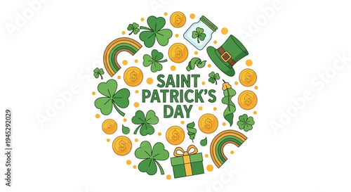 Saint Patrick's Day illustration features a vibrant design with shamrocks, rainbows, and gold coins on a white background, conveying a festive mood
