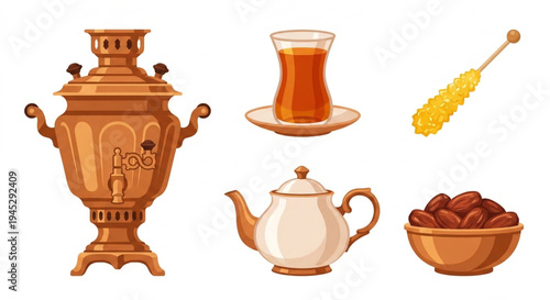 Classic tea service elements a traditional samovar, elegant teapot, hot beverage, rock candy, and sweet dates, illustrating cultural rituals and hospitality