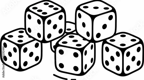Casino gambling icons with dice, poker chips, and card suits, stylized in black and white, symbolizing gaming, probability, chance, and entertainment in minimal illustrative design.