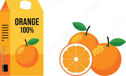 Orange Juice Carton with Fresh Oranges and Sliced Fruit for Juice Packaging and Fruit Beverage Designs