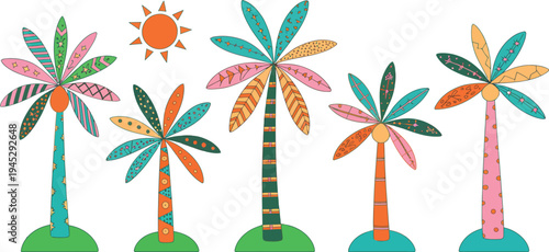 Tropical Palm Wall Art Print, Horizontal Palm Tree Composition with Geometric Patterned Leaves and Warm Orange Sun Design