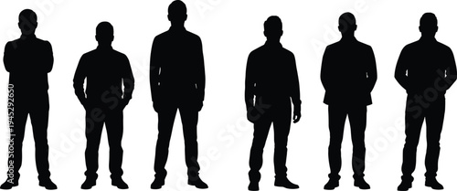 Black silhouettes of diverse businessmen standing in a row, professional male group figures, corporate team profile, isolated on white background.