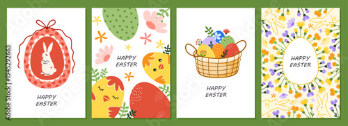 Happy Easter set of greeting cards, posters, holiday covers. Spring design with festive eggs, wicker basket, rabbit, chicks, flowers and bow.