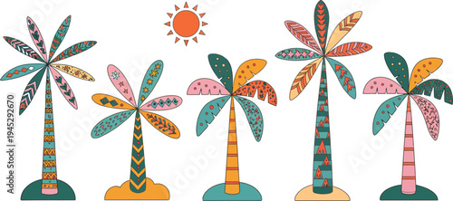 Geometric Palm Trees Poster, Turquoise and Pink Leaves with Small Orange Sun, Retro-Inspired Tropical Wall Art Illustration