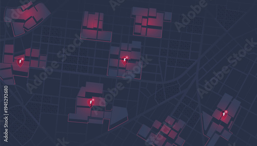 Red power Alert Location Pins and Highlighted City Blocks. Vector illustration.