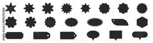 Abstract starburst badges and label shapes vector set, blank sticker tag and emblem silhouettes collection isolated on transparent background