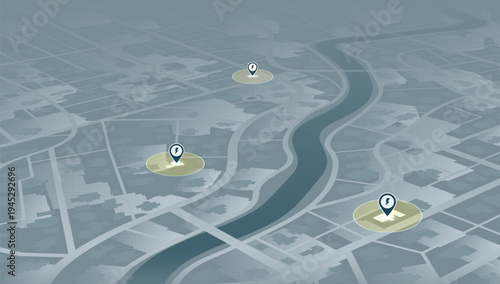 Monochrome grey city map with river and electricity icons. Vector illustration.