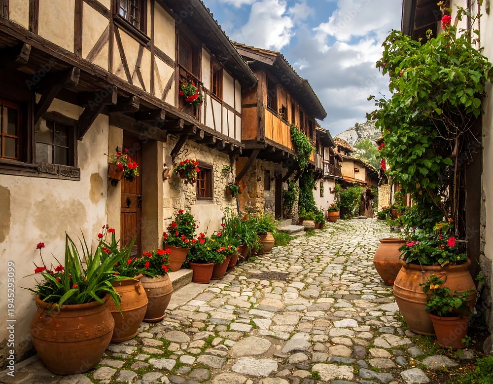Fototapeta premium A charming, quaint street scene featuring aged buildings with timber frames, flower pots, and cobblestone paths