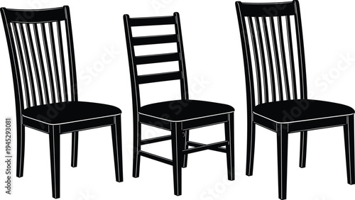Black wooden chair silhouettes set, three different dining room seat designs, furniture icons isolated on white background, home interior decor.