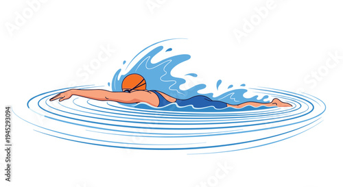 A swimmer in an orange cap performs front crawl, creating concentric ripples and a splash.