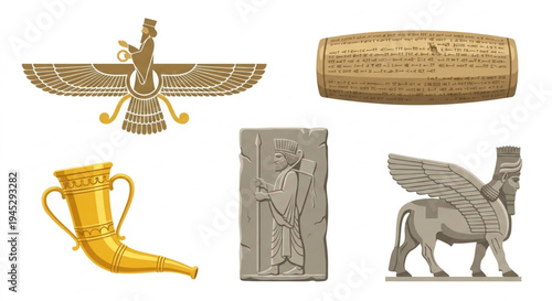 Explore the rich heritage of ancient Persia through iconic cultural symbols and historical artifacts, including mythical creatures, ceremonial objects, and detailed artistic reliefs