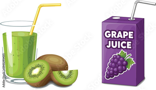 Kiwi Juice Glass and Grape Juice Carton with Fresh Fruits for Refreshing Beverage Illustrations