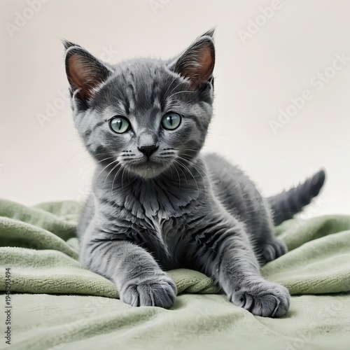 寝転びポーズが愛らしいロシアンブルーの子猫