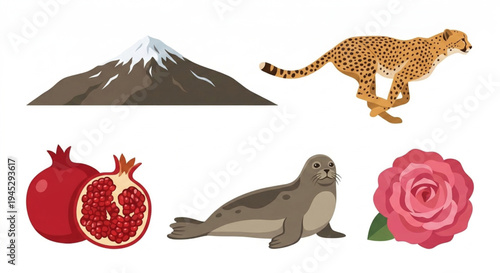 Aesthetic Collection of Natural Wonders and Wild Animals Majestic Mountain, Swift Cheetah, Ripe Pomegranate, Playful Seal, and Blooming Rose