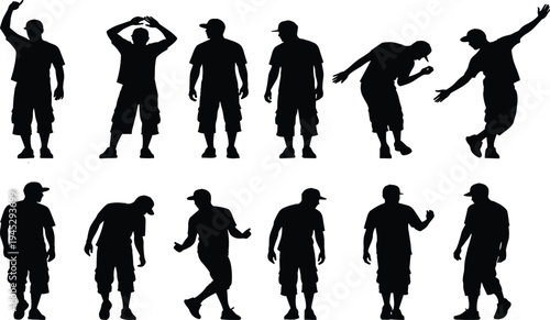 Silhouette expressive dance poses of a person in casual clothing, showing dynamic gestures, movement, rhythm, choreography, performance, emotion, and artistic body language