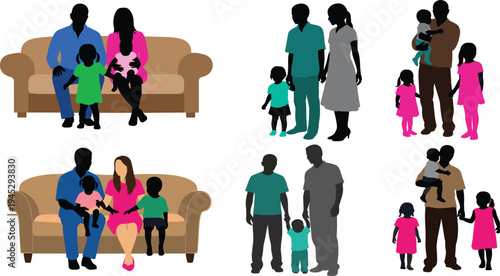 Silhouette family illustrations with adults and children, seated and standing together, showing diversity, parenting, love, unity, relationships, and social connection themes