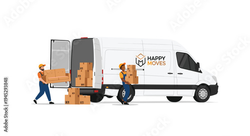 Two male movers load brown cardboard boxes into a white delivery van.
