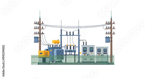 A compact electrical substation with a large transformer and control cabinets enclosed by a fence.