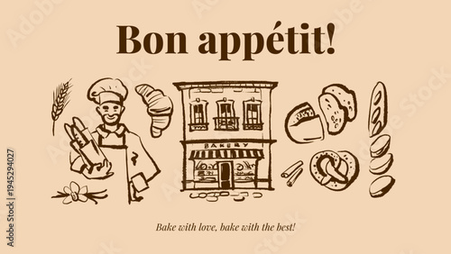 Doodle baking set with chef, ingredients and bakery shop in sketch style. Vintage culinary process, cozy kitchen, bakery branding. Hand drawn vector illustration