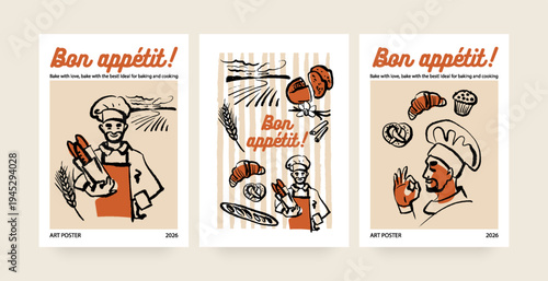 Hand drawn bakery retro poster set. Vintage croissant, baker and chef sketch vector illustrations. Crayon style banners
