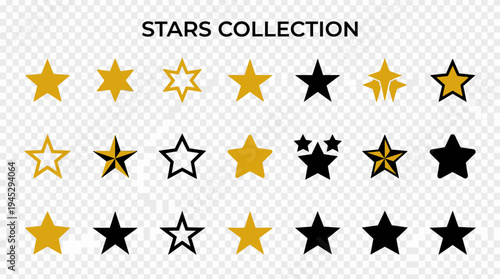Stylized star icon collection with gold, black, and white designs, featuring filled, outlined, and decorative sparkles for ratings, UI, and digital graphics on transparent backgrounds.