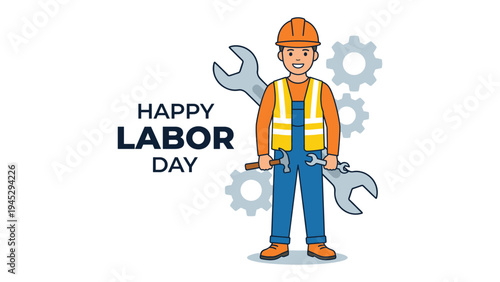 Happy Labor Day Greeting with Smiling Construction Worker Character