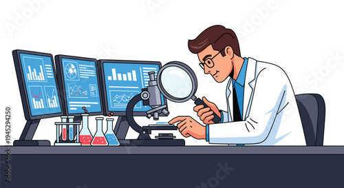A male scientist examines a sample under a microscope with data monitors.