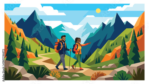 Cheerful Diverse Couple Hiking on a Mountain Trail at Sunset