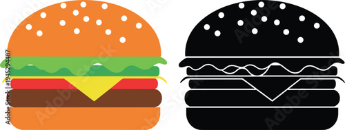 Hamburger burger vector set with colorful flat style and black silhouette isolated on light background for fast food design