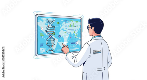 A male scientist in a white lab coat and glasses is interacting with a large holographic screen displaying a DNA helix and data charts.