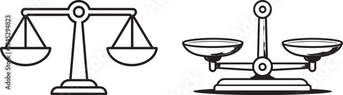 Balance scales icon set: symbolizing justice, law, weight, and measurement, balance scale, vintage scale, modern scale