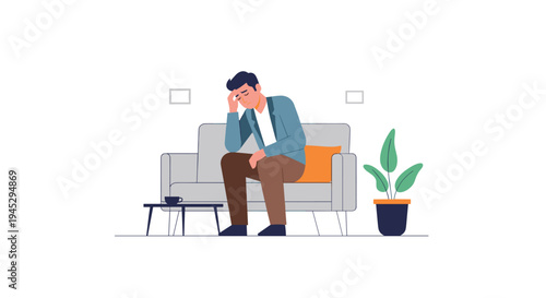 A man is sitting slumped on a grey sofa, holding his head with one hand, conveying distress in a minimalist living room setting.