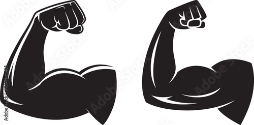 Flexed bicep arm icons: strength, fitness, power, and muscle training concepts, muscle icon, black and white, design element