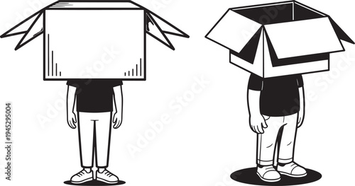 Person with cardboard box over head, expressing uncertainty or hiding, black and white, identity crisis