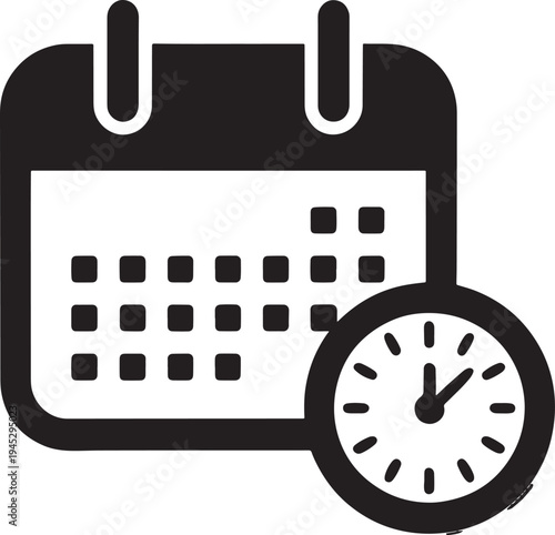 Calendar and clock icon: time management and scheduling concept with black and white