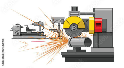 A robust metal grinding machine with a yellow cutting wheel is actively processing a cylindrical pipe, emitting bright orange sparks.