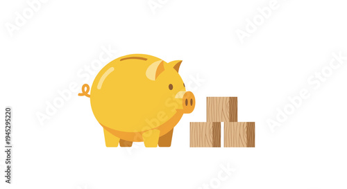 A plump golden piggy bank with a cheerful expression is standing next to three neatly stacked light brown wooden blocks.