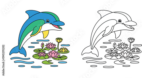 Vector illustration of a young boy jumping to hit a volleyball over the net, including a black and white outline version for kids coloring book page.