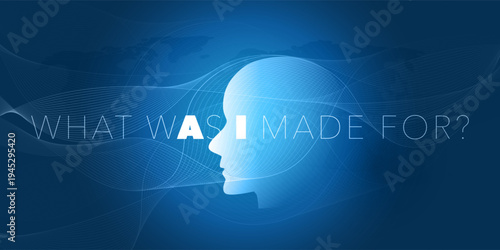 Minimlaist Blue and Purple Machine Learning, Artificial Intelligence Design, AI Acronym on Robot Face. "What Was I Made For" - Food for Thought Concept on Purpose, Use and Existence of the AI
