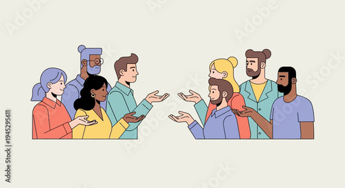 Minimalist flat vector illustration of two diverse groups of people facing each other and interacting.