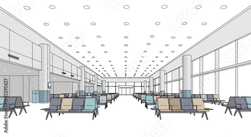 An empty airport waiting lounge with rows of seats and many ceiling lights.