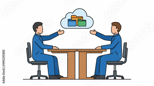 Business Conversation Between Men at a Table with Chairs Under a Cloud of Boxes – Cartoon Illustration, White Background