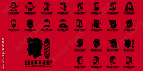 Classic barbershop emblem set with stylish male portraits, perfect for hair salon logo and vintage branding design