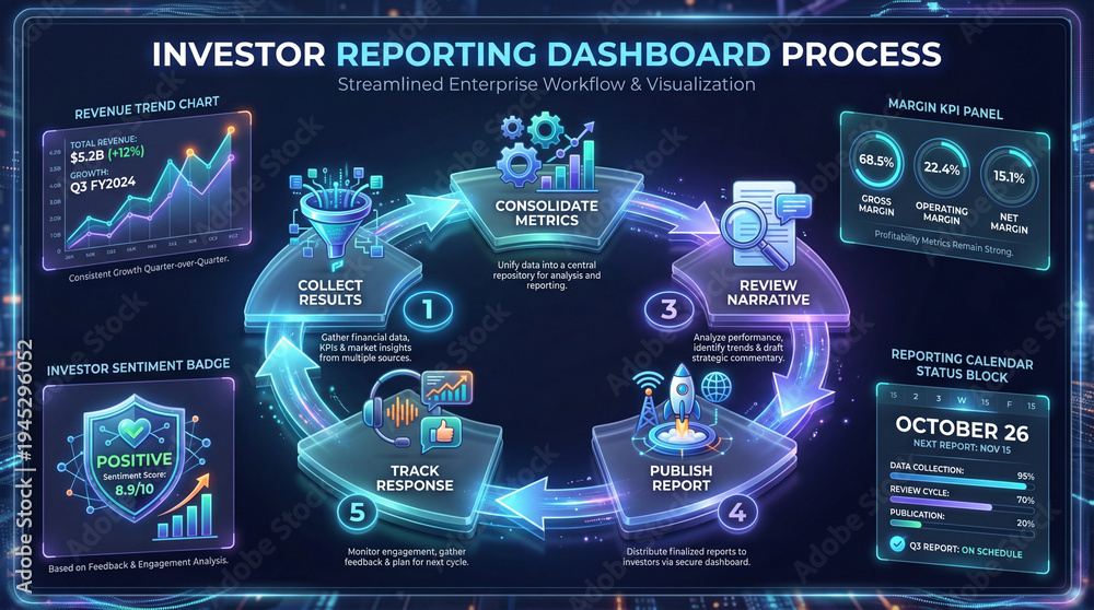 Obraz premium Investor Reporting Dashboard Process Futuristic 3D Infographic Poster for Financial Communication, Performance Review and Corporate Reporting.