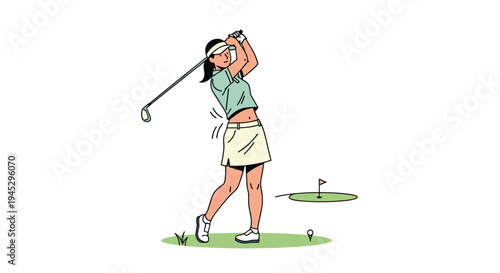 A female golfer in a visor swings a golf club on a white background.